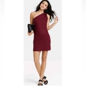 A New Day One Shoulder Linen Blend Mini Dress Burgundy Red Size Large Formal EUC